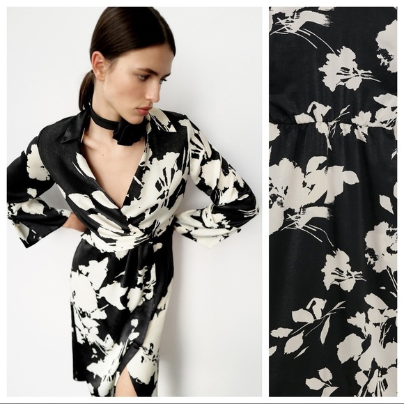 NWT. Zara Black/Cream Satin Effect Floral Print Midi Dress. Size S. - Picture 4 of 11